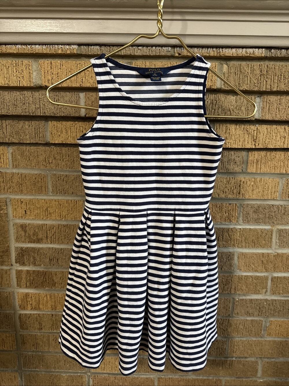Polo Ralph Lauren Dress Girls M Navy/White Striped Pleated Pullover Nautical